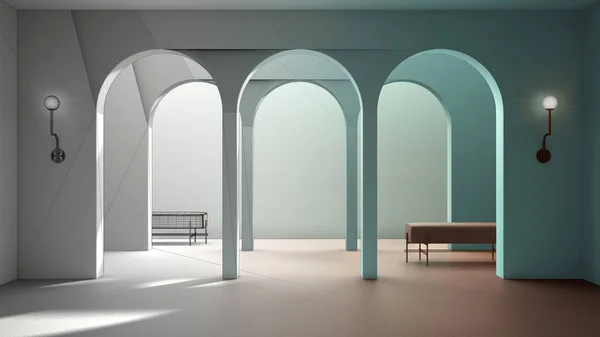 Architect interior designer concept: unfinished project that becomes real, classic eastern lobby, modern hall, stucco walls, interior design archways, empty space, arches background — ストック写真
