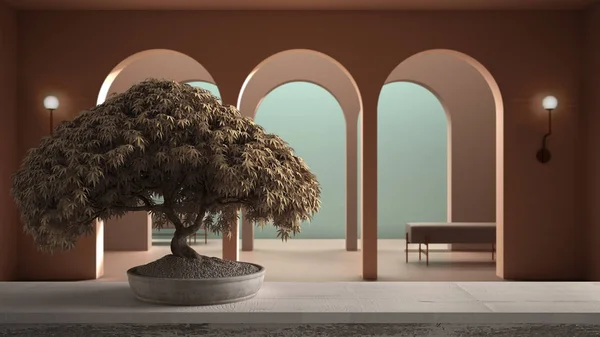 Vintage drewniana półka stołowa z doniczką bonsai bloom, beżowe liście, kwiaty, nad klasyczną metafizyką wnętrz, pokój dzienny z fotelami, zen czyste koncepcji architektury — Zdjęcie stockowe