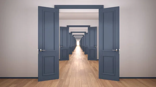 Empty white and blue architectural interior with infinite open doors, endless corridor of doorway, walkaway, labyrinth. Move forward, opportunities, future, concept with copy space — Stock Photo, Image