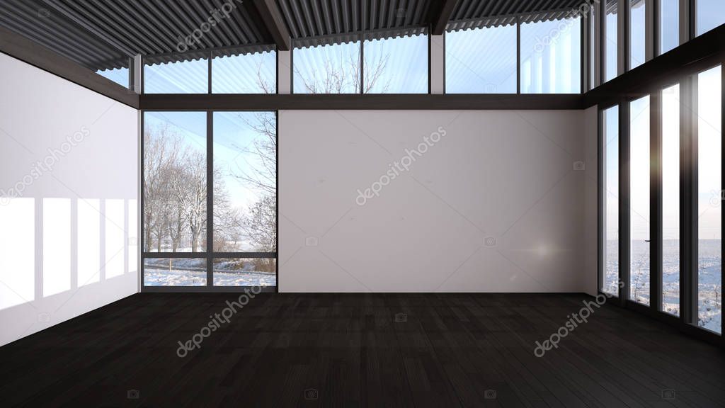 Empty room interior design, open space with big panoramic windows on winter view with snow, parquet wooden floor, corrugated sheet roof, modern minimal architecture idea, copy space
