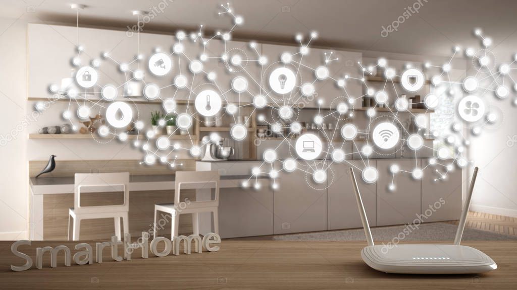 Wi-Fi wireless router on wooden table, smart home, geometric background with connected line and dots showing internet of things system, home automation concept over modern kitchen