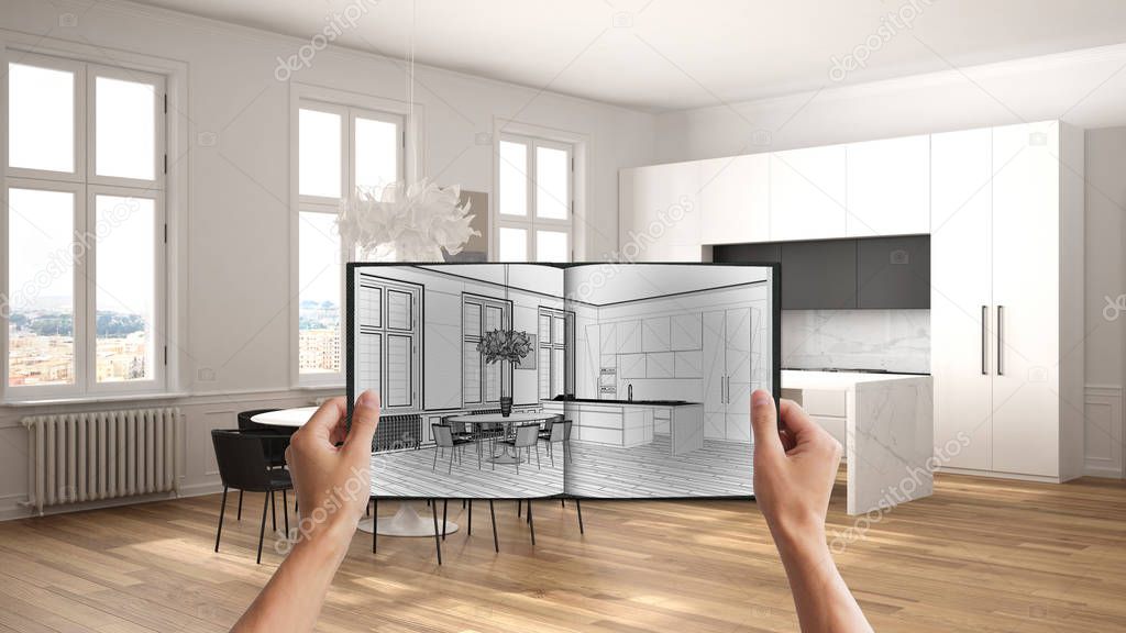 Hands holding notepad with creative kitchen design blueprint sketch or drawing. Real interior design project background. Before and after concept, architect designer work flow idea