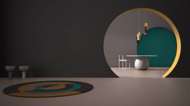 Klasik metafizik iç tasarımı, yemek odası, masa, sandalye, halı ve kolye lambası olan salon, boş alan, sıva rengi duvarlı kemer, mimari konsept proje fikri
