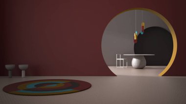 Klasik metafizik iç tasarımı, yemek odası, masa, sandalye, halı ve kolye lambası olan salon, boş alan, sıva rengi duvarlı kemer, mimari konsept proje fikri