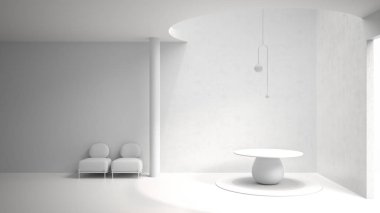 Toplam beyaz proje taslağı, klasik metafizik iç tasarımı, lobi, salon, yuvarlak masa ve kolye lambası, koltuklar, boş alan, sıva duvarlar, mimari konsept projesi