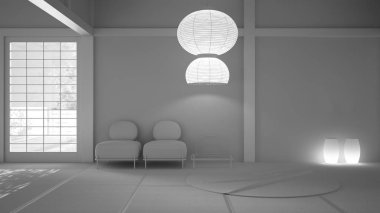 Tamamen beyaz proje taslağı, boş açık alan, tatami ve şilte tabanı, beyaz alçı duvarlar, ahşap çatı, halı kaplı koltuklar, kağıt kolye lambası, oturma odası, iç tasarım
