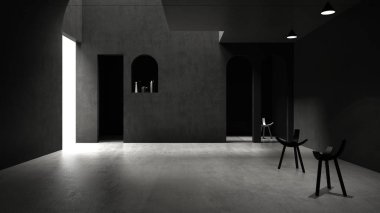 Klasik gri beton iç mekan. Duvara ve yere gölge düşüren güneş ışığı. Lobi, salon, oturma odası, geometrik yapılar.