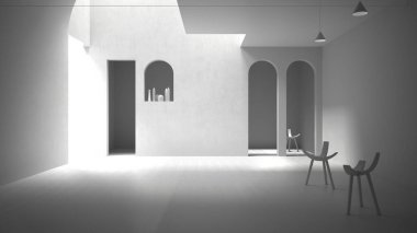 Toplam beyaz proje taslağı, klasik iç mekan, duvara gölge düşüren ışık, lobi, salon, oturma odası, kolye lambaları ve koltukları olan geometrik yapılar.