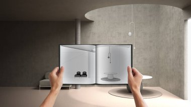 Yaratıcı lobi tasarımı taslağı ya da çizimi olan el ele tutuşma defteri. Gerçek bir iç dizayn projesi. Önce ve sonra, mimar tasarım iş akışı fikri