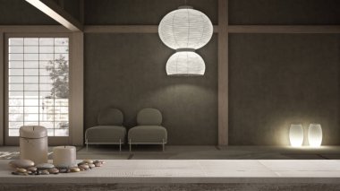 Klasik doğu lobisi, modern salon, sıva duvarlar, kemer yolları, boş alan, sıva renkli duvarları olan kemer yolu üzerinde mumlar ve çakıl taşları olan ahşap bir masa veya raf, zen modu.