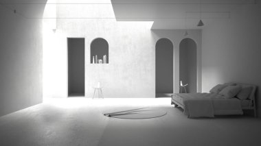 Tamamen beyaz proje taslağı, klasik beton iç mekan, duvara gölge düşüren güneş ışığı, yatak odası ve yuvarlak halı, geometrik yapı tasarımı, lambalar ve sandalyeler.