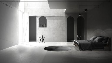 Mimari iç mimar konsepti: gerçek, klasik beton iç mekan, yatak odası, yatak odası, yuvarlak halı, geometrik yapı tasarımı, lambalar ve sandalyeler haline gelen tamamlanmamış proje