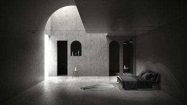 Klasik gri beton iç mekan, duvara ve yere gölge düşüren güneş ışığı, yatak odası ve yuvarlak halı, kolye lambaları ve sandalyeli geometrik yapılar.