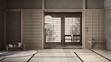 Doğu iç tasarımı, açık alan, şilteli boş oda, tatami, ahşap çatı, pirinç kağıdı kapı, geleneksel çay odası, çay seti olan halı, sandalyeler ve klasik kolye lambası.
