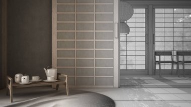 Mimari iç mimar konsepti: Bitmemiş bir proje gerçek, doğu tasarımı, şilte, tatami, geleneksel çay odası, çay seti, sandalyeler ve kolye lambalı boş bir oda