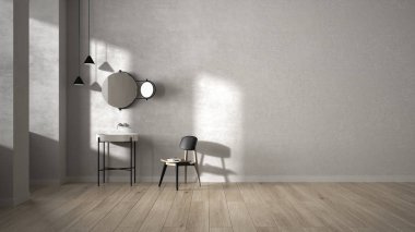 Alçıdan duvarları ve parke zemini olan minimalist bir banyo lavabosu, aynası, sandalyesi ve kolyesi olan boş bir oda. Fotokopi alanı ve şablon maketi olan beyaz iç tasarım fikri