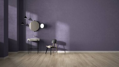 Alçıdan duvarları ve parke zemini olan minimalist bir banyo lavabosu, aynası, sandalyesi ve kolyesi olan boş bir oda. Mor iç tasarım fikri kopyalama alanı, şablon maketi