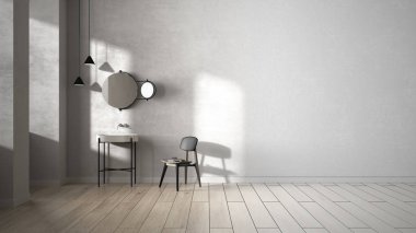 Mimari iç mimar konsepti: tamamlanmamış proje gerçek oluyor, minimalist banyo, alçı duvarlar, parke, boş oda, lavabo, ayna, sandalye. İç tasarım fikri