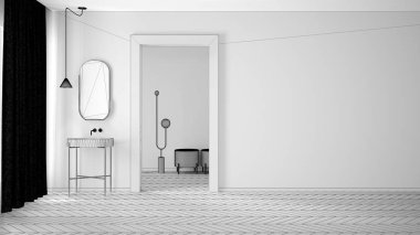 Tamamlanmamış proje taslağı, alçı duvarları ve parke zemini olan minimalist banyo, lavabo ve aynalı boş oda, oda arka planı olan kapı. Kopya alanı ile iç tasarım kavramı
