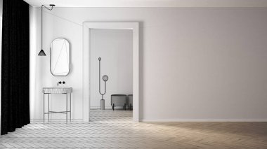 Mimar iç mimar konsepti: tamamlanmamış proje gerçek oluyor, minimalist banyo, alçı duvarlar, parke, lavabo ve aynalı boş oda. Kopya alanı ile tasarım kavramı