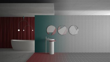 Mimar iç mimar konsepti: tamamlanmamış proje gerçek, boş alanda en az modern banyo, mimari konsepti, kopyalama alanı haline geliyor. Lavabo, ayna, fayans, küvet.