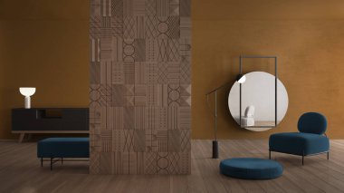 Modern sarı ve mavi minimalist soyut oturma odası dekore edilmiş ahşap bölme duvarı, parke zemin, alçı duvar, yer lambalı kadife koltuk, puf, şifonyer, ayna