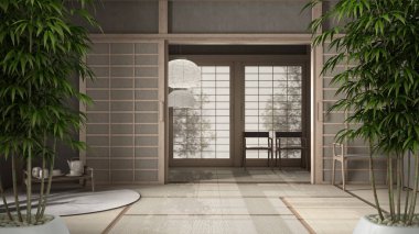 Zen iç döşeme bambu bitkisi, doğal iç tasarım konsepti, şilteli, tatami, pirinç kağıdı kapılı boş oda, geleneksel çay odası, çay seti tepsisi, sandalye kolye lambası.