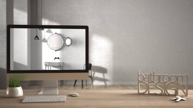 Mimar tasarımcı proje kavramı, anahtarlar, harfler banyo tasarımı ve gösterilen masaüstü ile ahşap masa blueprint Cad kroki, arka plan, beyaz iç tasarım bulanık taslak