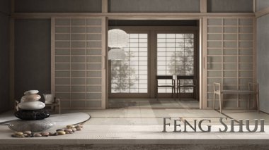 Çakıl taşı dengeli ahşap eski masa rafı ve içi boş Japon çay salonu, tatami, şilte, pirinç kağıt kapı, zen kavramlı iç tasarım tasarımı üzerine feng shui sözcüğünü kullanan üç boyutlu harfler.