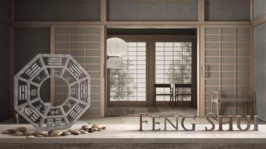Ba gua ve 3d harfli ahşap bir masa rafı. Boş Japon çay odası wirh tatamisiyle Feng shui, fotokopi alanı olan şilte, zen konsept iç tasarım.