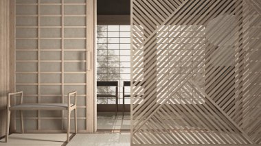 Tahta panel yakın plan, tatami, şilte, pirinç kağıt kapı, sandalyeler ve lamba ile boş Japon çay salonu. Minimalist zen iç tasarım fikri, çağdaş mimari şablonu
