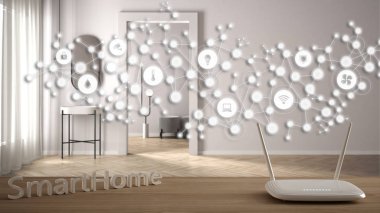 Wi-Fi kablosuz yönlendirici ahşap masa, akıllı ev, geometrik arkaplan bağlı çizgiler ve noktalar şeylerin internetini gösteriyor, ev otomasyonu kavramı modern banyo üzerinde