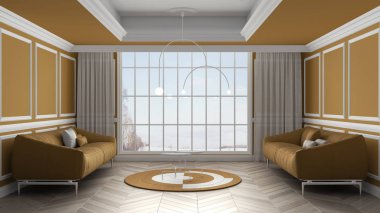 Klasik beyaz ve turuncu oturma odası, sıva duvarlar, kış manzarasında panoramik pencere, herringbone parke döşeme, yastıklı çift kişilik kanepe, perdeler. Çağdaş iç tasarım