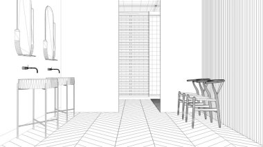 Proje taslağı, ringa kemiği parke zeminli lüks modern banyo, panoramik pencere, küvet, duş ve çift lavabo, minimal parlak iç tasarım fikri.