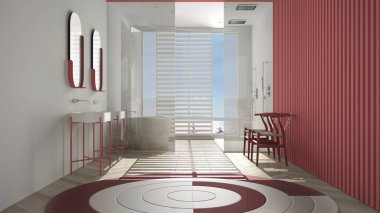 Lüks modern beyaz ve kırmızı banyo, ringa kemiği parke, panoramik pencere, deniz manzarası, küvet, duş ve çift lavabo, iç tasarım, minimal parlak iç tasarım.