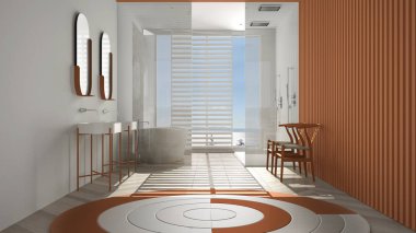 Lüks, beyaz ve turuncu banyo, herringbone parke, panoramik pencere, deniz manzarası, küvet, duş ve çift lavabo, iç tasarım, minimal parlak iç tasarım.