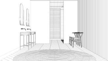 Proje taslağı, ringa kemiği parke zeminli lüks modern banyo, panoramik pencere, küvet, duş ve çift lavabo, minimal parlak iç tasarım fikri.