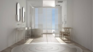 Arka plan bulanık tasarım: Herringbone parke zeminli lüks modern banyo, panoramik pencere, küvet, duş ve çift lavabo, minimal parlak mimari fikri