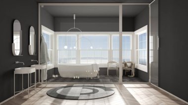 İskandinav banyosu, parke ve bej fayanslar, vitray döşeme, panoramik manzara, küvet, sandalyeler ve mumlar, lavabo, halı, klasik beyaz ve gri iç tasarım.