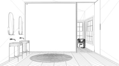 Projenin taslağı, İskandinav banyosu, parke ve bej döşemeler, vitray pencere, banyo küveti, sandalyeler ve mumlar, lavabo ve halı, klasik klasik iç tasarım.