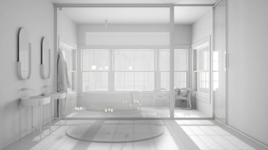 Tamamen beyaz proje taslağı, İskandinav banyosu, parke ve fayanslar, vitray pencere, banyo küveti, sandalyeler ve mumlar, lavabo ve halı, klasik iç tasarım.