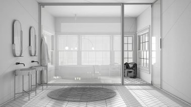 Bitmemiş proje taslağı, İskandinav banyosu, parke ve bej döşemeler, boyalı cam pencere, banyo küveti, sandalyeler ve mumlar, lavabo, halı, klasik iç tasarım.