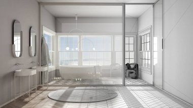 Mimari iç mimar konsepti: tamamlanmamış proje gerçeğe dönüşüyor, İskandinav banyosu, parke ve fayanslar, vitray penceresi, banyo küveti, mumlar, klasik vintage tasarım