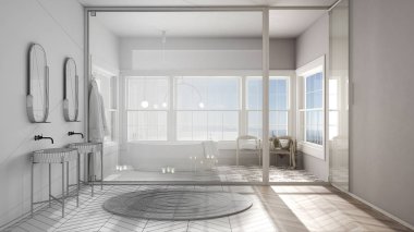 Mimari iç mimar konsepti: tamamlanmamış proje gerçeğe dönüşüyor, İskandinav banyosu, parke ve fayanslar, vitray penceresi, banyo küveti, mumlar, klasik vintage tasarım