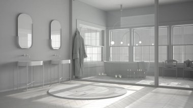 Tamamen beyaz proje taslağı, İskandinav banyosu, parke ve fayanslar, vitray pencere, banyo küveti, sandalyeler ve mumlar, lavabo ve halı, klasik iç tasarım.