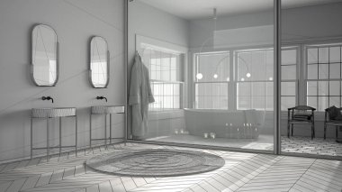 Bitmemiş proje taslağı, İskandinav banyosu, parke ve bej döşemeler, boyalı cam pencere, banyo küveti, sandalyeler ve mumlar, lavabo, halı, klasik iç tasarım.