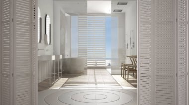 Minimalist lüks banyoda banyo, lavabo ve panoramik pencere, beyaz iç tasarım, mimar tasarım konsepti, bulanık arka plan