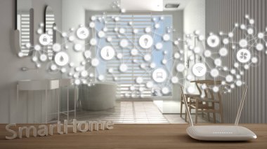 Wi-Fi kablosuz yönlendirici ahşap masa, akıllı ev, geometrik arkaplan bağlı çizgiler ve noktalar şeylerin internetini gösteriyor, ev otomasyonu kavramı modern banyo üzerinde