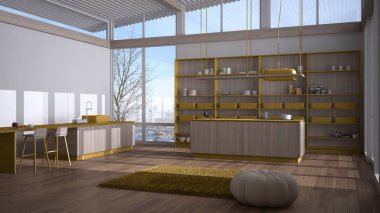 Ada, tabure, halı ve aksesuarlar, parke, kıvrımlı çarşaf çatı, kış manzarası panoramik pencereler, kar, minimalist iç tasarım ile modern sarı ahşap mutfak