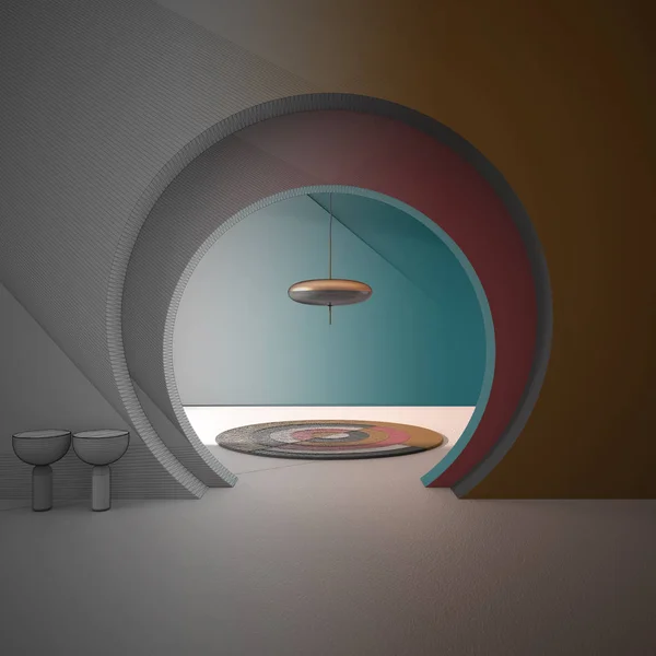 Architect interior designer concept: unfinished project that becomes real, classic metaphysics interior design, lobby, hall with round carpet and copper pendant lamp, archway